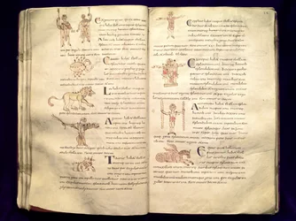 Ms 422 Fol.27v und 28r Pfad des Mondes durch die Sternbilder, aus 